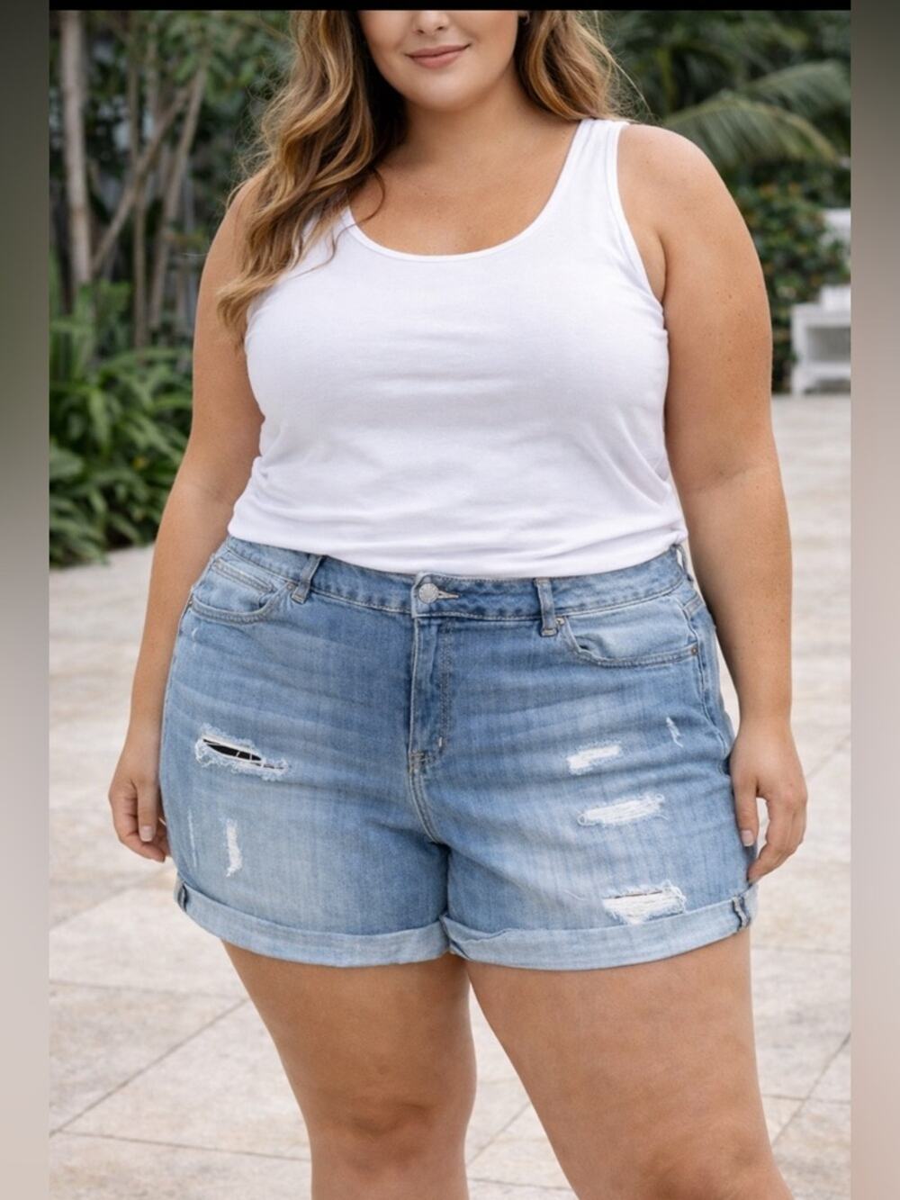 Lane Bryant Size 24 Distressed Denim Shorts Plus Size Cuffed Light Wash Stretch